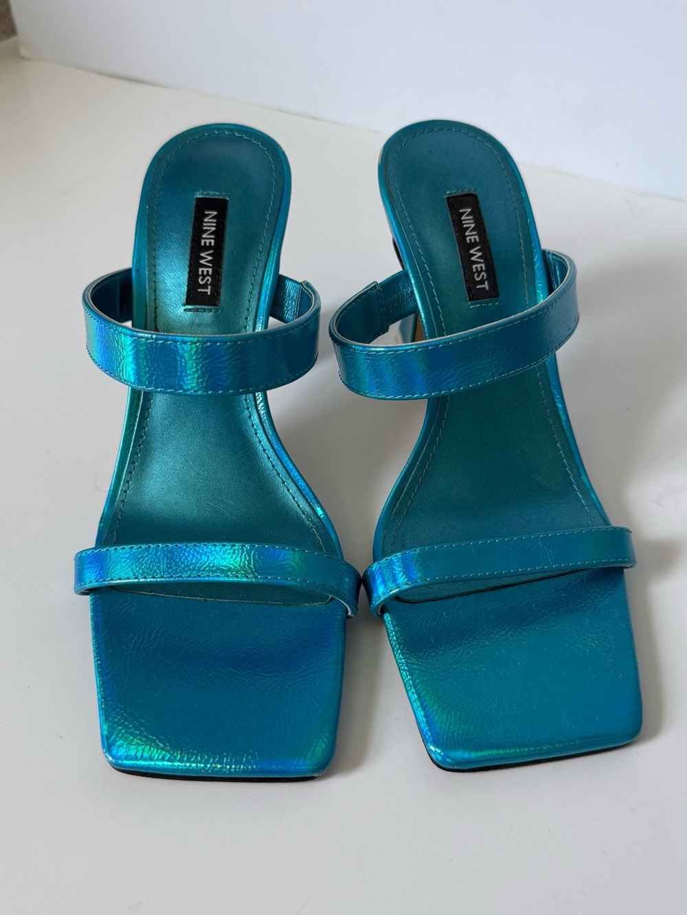 Nine West Iridescent Teal Two-Strap Slide Heels